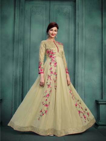 Simple and Elegant Looking Designer Floor Length Suit Is Here In Cream Color Paired With Cream Colored Bottom And Dupatta. Its Top Is Fabricated On Georgette Paired With Santoon Bottom And Chiffon Dupatta. It Has Multi Colored Embroidery Making The Suit Attractive.