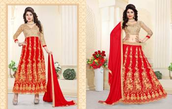 Adorn The Angelic Look Wearing This Red Colored Two In One Lehenga Suit, Which Can Be Made As Anarkali Suit Or Lehenga Choli. Its Blouse Is In Beige Color Paired With Red Colored Lehenga And Beige Colored Bottom With Red Colored Dupatta. Make It Stitch As A Lehenga Choli Or An Anarkali Suit As Per Your Suitable Function.