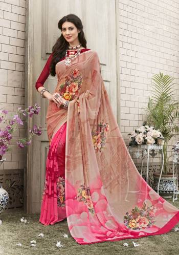 Go With The Shades Of Pink With This Dusty Pink And Pink Colored Saree Paired With Maroon Colored Blouse. This Saree And Blouse Are Fabricated On Georgette Beautified With Bold Floral Prints. It Is Light Weight And Soft Towards Skin.