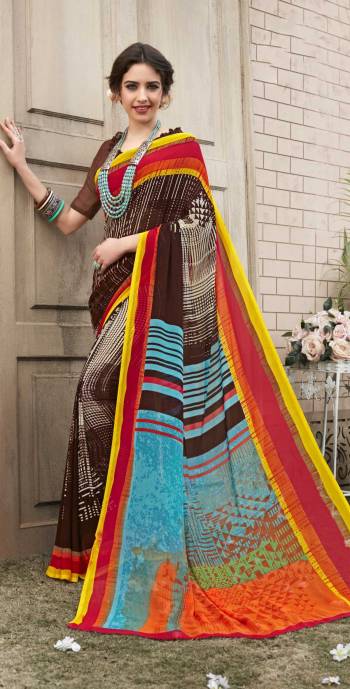 All Color Is Always The Best Color So Grab This Multi colored Saree Paired With Brown Colored Blouse. This Saree And Blouse Are Fabricated On Georgette Beautified With Prints All Over It. Buy This Saree Now.