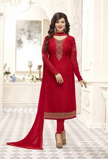 Adorn The Lovely Angelic Look Wearing This Straight Cut Suit In Red Color Paired With Red Colored Bottom And Dupatta. Its Top Is Fabricated On Brasso Georgette Paired With Santoon Bottom And Chiffon Dupatta. This Suit Is Light Weight And Easy To Carry Throughout The Gala.