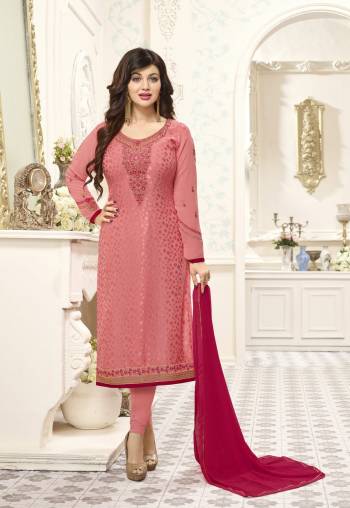 Look Pretty Wearing This Designer Straight Cut Suit In Light Pink Colored Top Paired With Light Pink Colored Bottom And Dark Pink Colored Dupatta. It Is Beautified With Embroidery Over The Top. Buy This Semi-Stitched Suit Now.