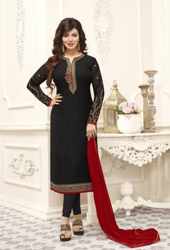 Enhance Your Beauty Wearing This Designer Straight Cut Suit In Black Colored Top Paired With Black Colored Bottom And Contrasting Red Colored Dupatta. Its Top Is Fabricated On Georgette Paired With Santoon Bottom And Chiffon Dupatta. Buy It Soon.