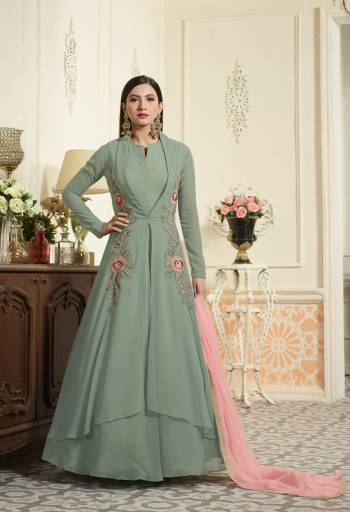 Flaunt Your Rich And Elegant Taste Wearing This Designer Suit In Dusty Sea Green Colored Top Paired With Dusty Sea Green Colored Bottom And Contrasting Pink Colored Dupatta. In This Dress Inner And Outer Koti Will Come Seperately. Buy This Designer Piece Now.