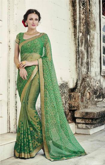 For Your Semi-Casual Wear, Grab This Pretty Saree In Green Color Paired With Green Colored Blouse. This Saree And Blouse Are Fabricated On Chiffon Brasso Beautified With Small Prints all Over It. 