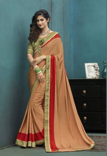 Simple And Elegant Looking Saree Is Here For Your Semi-Casual Wear In Yellow And Red Color Paired With Contrasting Light Green Colored Blouse. This Saree And Blouse Are Fabricated On Art Silk Beautified With Prints All Over It. It Is Durable And Easy To Care For.