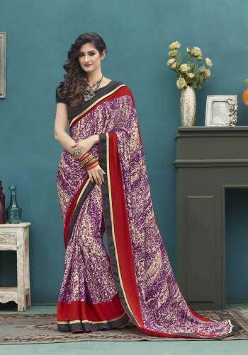 Add This Pretty Saree To Your Wardrobe In Purple And Cream Color Paired With Dark Grey Colored Blouse. This Saree And Blouse are Fabricated On Art Silk Beautified With Prints All Over. Buy This Pretty saree Now.