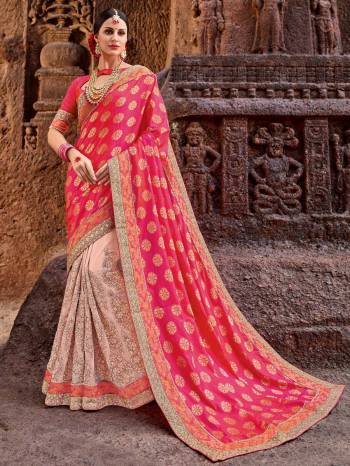 All the Fashionable women will surely like to step out in style wearing this Dark Pink And Baby Pink color two tone silk jacquard and silk fabrics heavy embroidered work saree. this gorgeous saree featuring a beautiful mix of designs. look gorgeous at an upcoming any occasion wearing the saree. Its attractive color and designer embroidered design, patch design, stone, heavy designer blouse, half half design saree, beautiful floral design work over the attire & contrast hemline adds to the look. Comes along with a contrast unstitched blouse.