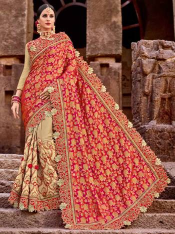 Flaunt a new ethnic look wearing this red and beige color two tone silk jacquard and sparkle lycra heavy embroidered work saree. this party wear saree won't fail to impress everyone around you. this gorgeous saree featuring a beautiful mix of designs. Its attractive color and designer embroidered design, patch design, stone, heavy designer blouse, cut paste design saree, beautiful floral design work over the attire & contrast hemline adds to the look. Comes along with a contrast unstitched blouse.