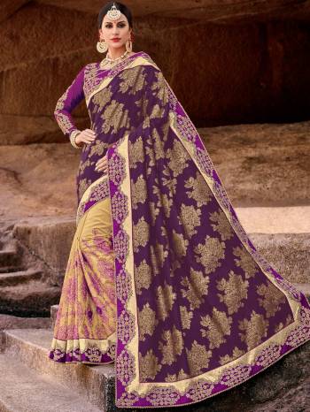 you Look striking and stunning after wearing Purple and beige color two tone silk jacquard and sparkle lycra heavy embroidered work saree. look gorgeous at an upcoming any occasion wearing the saree. this party wear saree won't fail to impress everyone around you. Its attractive color and designer embroidered design, patch design, stone, heavy designer blouse, cut paste design saree, beautiful floral design work over the attire & contrast hemline adds to the look. Comes along with a contrast unstitched blouse.