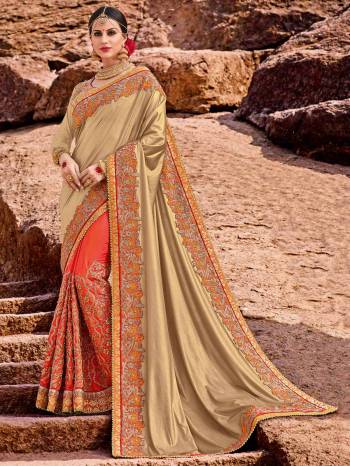 You can this amazing saree and look pretty like never before. wearing this golden and orange color two tone silk jacquard and sparkle lycra heavy embroidered work saree. this gorgeous saree featuring a beautiful mix of designs. look gorgeous at an upcoming any occasion wearing the saree. Its attractive color and designer embroidered design, patch design, stone, heavy designer blouse, half half design saree, beautiful floral design work over the attire & contrast hemline adds to the look. Comes along with a contrast unstitched blouse.