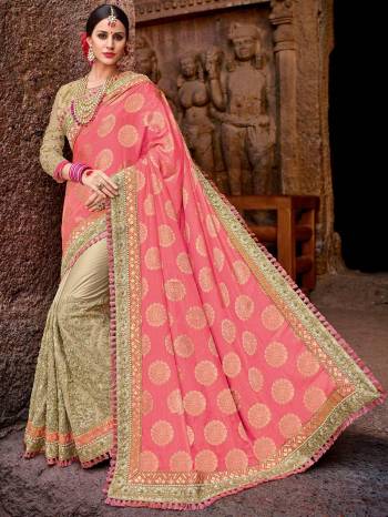 Impress everyone with your amazing Trendy look by draping this pink and beige color sparkle lycra and two tone silk heavy embroidered work saree. this party wear saree won't fail to impress everyone around you. this gorgeous saree featuring a beautiful mix of designs. Its attractive color and designer embroidered design, patch design, stone, heavy designer blouse, half half design saree, beautiful floral design work over the attire & contrast hemline adds to the look. Comes along with a contrast unstitched blouse.