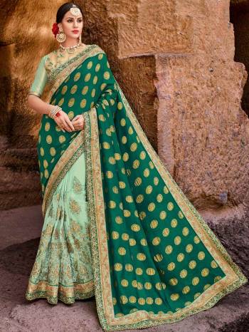 Presenting this green color sparkle Net and two tone silk heavy embroidered work saree. look gorgeous at an upcoming any occasion wearing the saree. this party wear saree won't fail to impress everyone around you. Its attractive color and designer embroidered design, patch design, stone, heavy designer blouse, cut paste design saree, beautiful floral design work over the attire & contrast hemline adds to the look. Comes along with a contrast unstitched blouse.