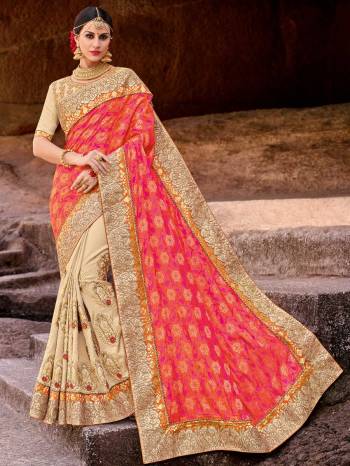 Drape this orange, pink and beige color sparkle lycra and Jacquard Silk heavy embroidered work saree. this gorgeous saree featuring a beautiful mix of designs. look gorgeous at an upcoming any occasion wearing the saree. Its attractive color and designer embroidered design, patch design, stone, heavy designer blouse, half half design saree, beautiful floral design work over the attire & contrast hemline adds to the look. Comes along with a contrast unstitched blouse.