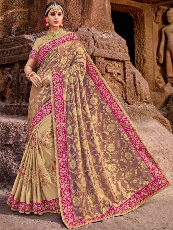 Classy, sensuous and versatile are the perfect words to describe this Brown And  beige color sparkle lycra and Jacquard silk fabrics heavy embroidered work saree. Ideal for party, festive & social gatherings. this gorgeous saree featuring a beautiful mix of designs. Its attractive color and designer embroidered design, patch design, stone, heavy designer blouse, beautiful floral design work over the attire & contrast hemline adds to the look. Comes along with a contrast unstitched blouse.