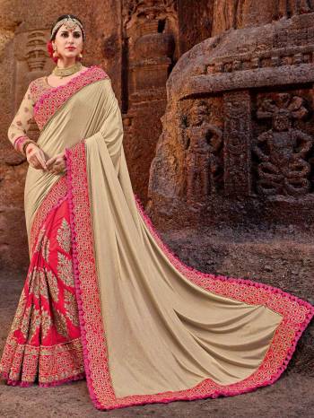 The fabulous pattern makes this beige and Fuschia Pink color sparkle lycra and Art Silk heavy embroidered border saree. Ideal for party, festive & social gatherings. this gorgeous saree featuring a beautiful mix of designs. Its attractive color and designer embroidered design, patch design, stone, heavy designer blouse, half half design saree, beautiful floral design work over the attire & contrast hemline adds to the look. Comes along with a contrast unstitched blouse.