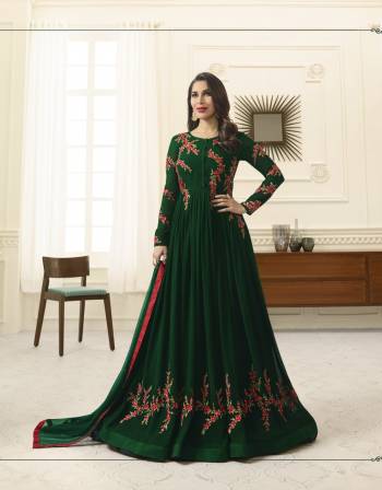 Dark Colors Always Gives An Attractive Look, So Grab This Designer Floor Length Suit In Pine Green Colored Top Paired With Pine Green Colored Bottom And Dupatta. Its Top Is Fabricated On Georgette Paired With Santoon Bottom And Chiffon Dupatta. It Is Beautified With Contrasting Resham Embroidery. Buy Now.