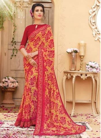 Get This Amazing Traditional Looking Saree In Yellow And Red Color Paired With Red Colored Blouse. This Saree And Blouse Are Fabricated On Georgette Beautified With Bold Prints. Buy This Saree For Your Semi-Casual wear Now.