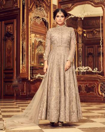 Flaunt Your Rich And Elegant Look wearing This Designer Floor Length Suit In Grey Colored Top Paired With Grey Colored Bottom And Dupatta. Its Top Is Fabricated On Net Paired With Santoon Bottom And Net Dupatta. It Has Fancy Jari Work All Over It Making The Suit Attractive Which Will Earn You Lots Of Compliments From Onlookers. 