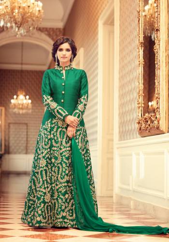 Add This Another Designer Wear Suit In Green Color Paired With Green Colored Bottom And Dupatta Which Is perfect For The Upcoming Festive Season. Its Top Is Fabricated On Art Silk Paired With Santoon Bottom And Chiffon Dupatta. It Also Ensures Superb Comfort Throughout The Gala.