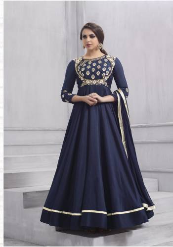 For A Bold And Beautiful Personality, Grab This Readymade Designer Floor Length Suit In Navy Blue Colored Top Paired With Navy Blue Colored Bottom And Dupatta. Its Top Is Fabricated On Art Silk Paired With Santoon Bottom And Chiffon Dupatta. It Has Attractive Embroidery Over Its Yoke. Buy This Readymade Suit Now.