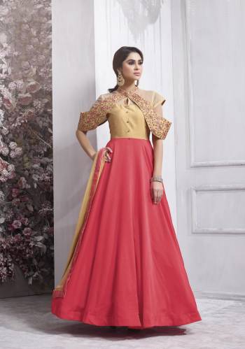 Catch All The Lime Light Wearing this Designer Floor Length Suit In Pink And Beige Color Paired With Beige Colored Bottom And Dupatta. Its Top Is Fabricated On Art Silk Paired With Santoon Bottom And Chiffon Dupatta. It Has Attractive Embroidered Sleeve Pattern Which Gives A Unique Look. 