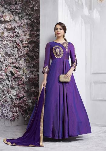 Bright And Visually Appealing Color Is Here With This Designer Floor Length Suit In Puple Colored Top Paired With Purple Colored Bottom And Dupatta. Its Top Is Fabricated On Art Silk Paired With Santoon Bottom And Chiffon Dupatta. Buy This Readymade Suit Now. 