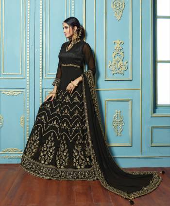 Enhance Your Beauty With This Lovely Black. Grab This Designer Floor Length Suit In Black Colored Top Paired With Black Colored Bottom And Dupatta. Its Top Is Fabricated On Georgette Paired With Santoon Bottom And Chiffon Dupatta. Buy This Heavy Embroidered Suit Now.