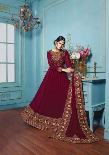 Colors Plays The Most Important Role In Your Attire, So grab This New And Unique Colored Designer Floor Length Suit In Wine Colored Top Paired With Wine Colored Bottom And Dupatta. Its Top Is Fabricated On Georgette Paired With Santoon Bottom And Georgette Dupatta. It Has Pretty Embroidery Over The Top And Dupatta. Buy Now.