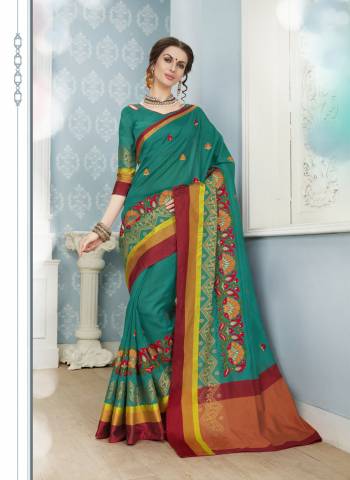 Grab This Lovely Shade Of Green With This Saree In Teal Green Color Paired With Teal Green Colored Blouse, This Saree And Blouse Are Fabricated On Cotton Art Silk Beautified With Contrasting Floral Embroidery. 