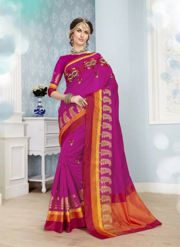 Attract All Wearing This Attractive Colored Saree In Rani Pink Color Paired With Rani Pink Colored Blouse. This Saree And Blouse Are Fabricated On Cotton Art Silk Beautified With Thread And Jari Embroidery With Stone Work. Buy Now.