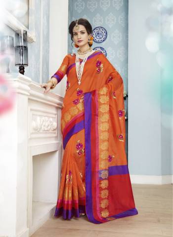 Shine Bright With This Very Attractive Orange Colored Saree Paired With Orange Colored Blouse. This Saree And Blouse Are Fabricated On Cotton Art Silk Which Ensures Superb Comfort And Also It Is Suitable For Festive Wear Or Any Social Gathering.