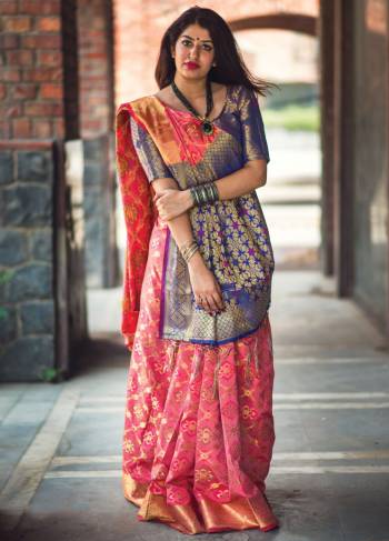 Look Pretty Wearing This Saree In Pink Color Paired With Contrasting Blue Colored Blouse. This Saree And Blouse Are Fabricated On Banarasi Art Silk Beautified With Weave. It Is Easy To Drape And Carry All Day Long. Buy Now.