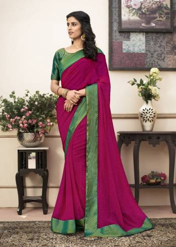 New And Bright Shade In Pink Is Here With This Saree In Dark Pink Color Paired With Contrasting Green Colored Blouse. This Saree Is fabricated On Georgette Paired With Cotton Fabriacted Blouse. Both the Fabrics Are Soft Towards Skin And Ensures Superb Comfort All Day Long.