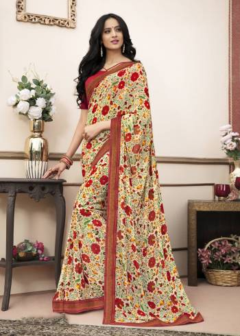 Go Floral Wearing This Pretty saree In Multi Color Paired With Red Colored Blouse. This Saree Is Fabricated On Georgette Paired With Cotton Fabricated Blouse. Its Is Beautified With Floral Prints All Over It.