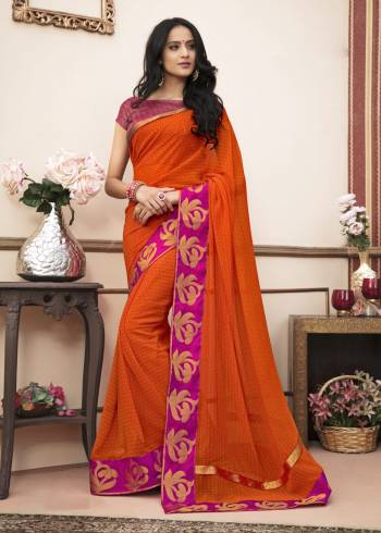 Beat The Heat With Bright Summery Colors With This Casual Saree In Orange Color Paired With Contrasting Pink Colored Blouse. This Saree Is Fabricated On Georgette Paired With Cotton Fabricated Blouse. It Is Very Simple Prints Over Saree.