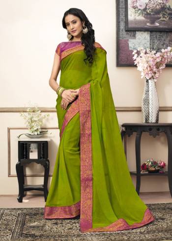 Add This Pretty Shade To Your Wardrobe With This Saree In Parrot Green Color Paired With Contrasting Magenta Pink Colored Blouse. This Saree Is Fabricated On Georgette Paired With Cotton Fabricated Blouse. It Is Durable, Light Weight And Easy To Care For.