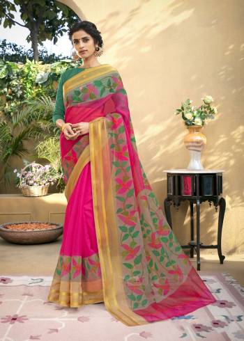 Attract All Wearing This Saree In Fuschia Pink Color Paired With Green Colored Blouse. This Saree Is Fabricated On Chanderi Art Silk Paired With Cotton Satin Fabricated Blouse. This Saree Is Beautified With Prints. Buy This Saree Now.