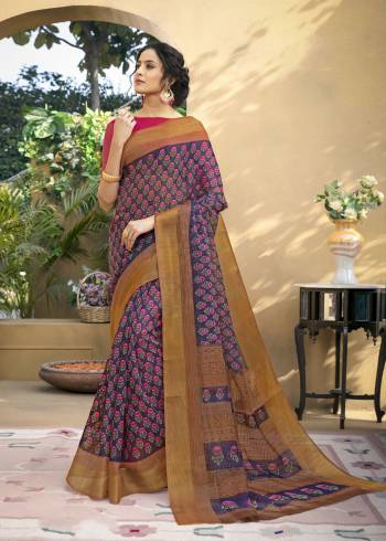 Add This Pretty Combination To Your Wardrobe With This Saree In Purple Color Paired With Contrasting Dark Pink Colored Blouse. This Saree Is Fabricated On Chanderi Art Silk Paired With Chanderi Art Silk Fabricated Blouse. It Is Beautified with Small Floral Prints All Over.