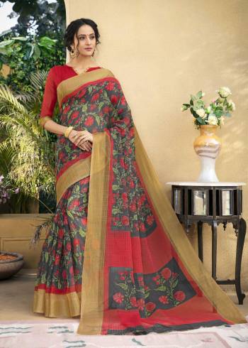 Go Floral With This Pretty Saree In Grey And Red Color Paired With Red Colored Blouse. This Saree Is Fabricated On Chanderi Art Silk Paired With Chanderi Art Silk Fabricated Blouse. It Has Lovely Floral Prints Which Makes The Saree More Attractive.