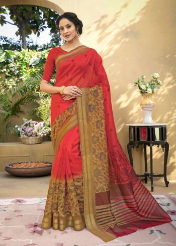 Adorn The Simple And Elegant Angelic Look Wearing This Saree In Red Color Paired With Red Colored Blouse. This saree Is Fabricated On Chanderi Art Silk Paired With Cotton Satin Fabricated Blouse. It Has Floral Prints All Over.