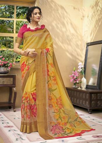 This Summer Beat The Heat With Bright  Attractive Colors Wearng This Saree In Yellow Paired With Contrasting Pink Colored Blouse. This Saree Is Fabricated On Chanderi Art Silk Paired With Chandeir Art Silk Fabricated Blouse. It Has Floral Prints Over the Saree Making It More Pretty.