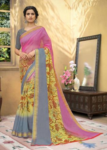 Very Lovely And Elegant Looking Combination Is Here With This Saree In Pink And Grey Color Paired With Grey Colored Blouse. This saree Is Fabricated On Chanderi Art Silk Paired With Cotton Satin Fabricated Blouse. Buy this Saree Now.