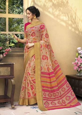 Dolled Up Wearing This Pretty Saree In Baby Pink Color Paired With Dark Pink Colored Blouse. This Saree and Blouse are fabricated On Chanderi Art Silk Beautified With Prints. This Saree IS Light Weight And Ensures Superb Comfort All day Long.