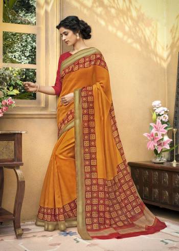 Shine Bright Wearing This Saree In Orange Color Paired With Contrasting Red Colored Blouse. This Saree Is Fabricated On Chanderi Art Silk Paired With Cotton Satin Fabricated Blouse Beautified with Prints All Over. This Saree Is Light Weight And Easy To Drape. Buy Now.