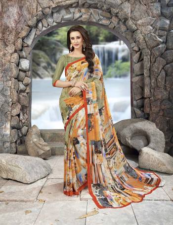 Colors Add Beauty To Any Attire You Wear, So Grab This Multi Colored Saree Paired With Olive Green Colored Blouse. This Saree And Blouse Are Fabricated On Georgette Beautified With Abstract Prints All Over It.