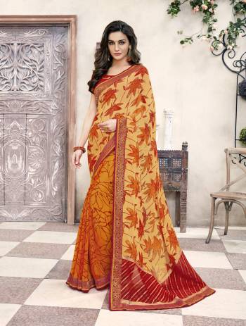 Beat The Heat With Bright Summer Look Wearing This Saree In Yellow And Orange Color Paired With Red Colored Blouse. This Saree And Blouse Are Fabricated On Georgette Beautified With Prints All Over It.