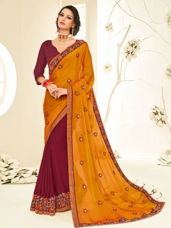 Change your wardrobe and get classier outfits like this gorgeous musturd yellow and maroon moss chiffon, Look gorgeous at an upcoming any occasion wearing the saree. this beautifully printed saree will catch your attention instantly and will lend you a vibrant look. Its attractive color and designer embroidered saree, patch design, stone, heavy designer blouse, beautiful floral design work over the attire & contrast hemline adds to the look. Comes along with a contrast unstitched blouse.