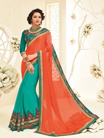 Show your elegance by wearing this gorgeous orange and Blue Fabricated On georgette and chiffon saree In  Upcoming special occasion and let all eyes follow you. This gorgeous saree featuring a beautiful mix of prints. Look gorgeous at an upcoming any occasion wearing the saree. Its attractive color and designer embroidered saree, patch design, stone, heavy designer blouse, beautiful floral design work over the attire & contrast hemline adds to the look. Comes along with a contrast unstitched blouse.