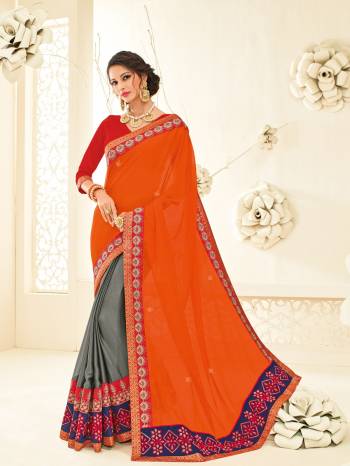 Get this amazing saree and look pretty like never before. wearing this orange and grey moss chiffon Featuring a beautiful border. this saree is a must-have in your ethnic wear collection. This saree is designed as per the latest trends to keep you in sync with fashion. Its attractive color and designer embroidered saree, stone, heavy designer blouse, beautiful floral design work over the attire & contrast hemline adds to the look. Comes along with a contrast unstitched blouse.